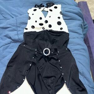 Black and white polka dot and rhinestone two piece leotard and skirt